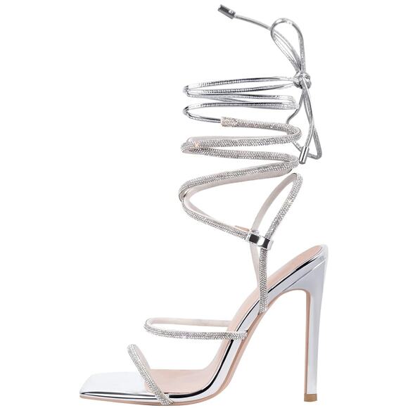 Richealnana Women's Rhinestone Strappy Sandals: Square Toe, Lace Up SZ 9.5 sHOES - Picture 1 of 7